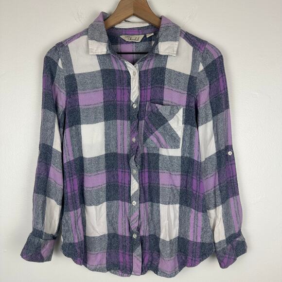 Caffe Marrakesh Womens Long Sleeve Button-Up Soft Grey/Purple Plaid Shirt Small - Picture 1 of 11